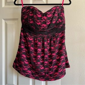 -SOLD- Torrid Pink & Black Floral Lace Padded Strapless Babydoll Tube Top